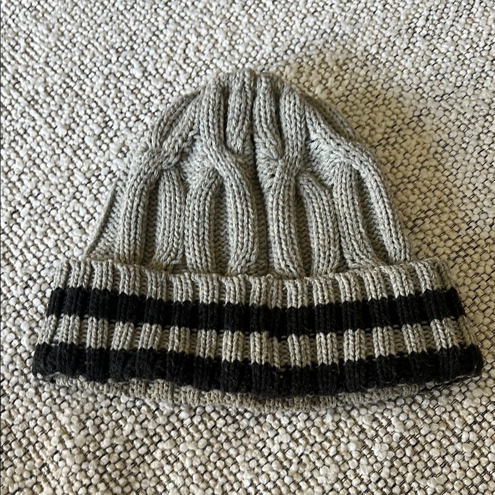 Gray and Black Striped Knit Beanie